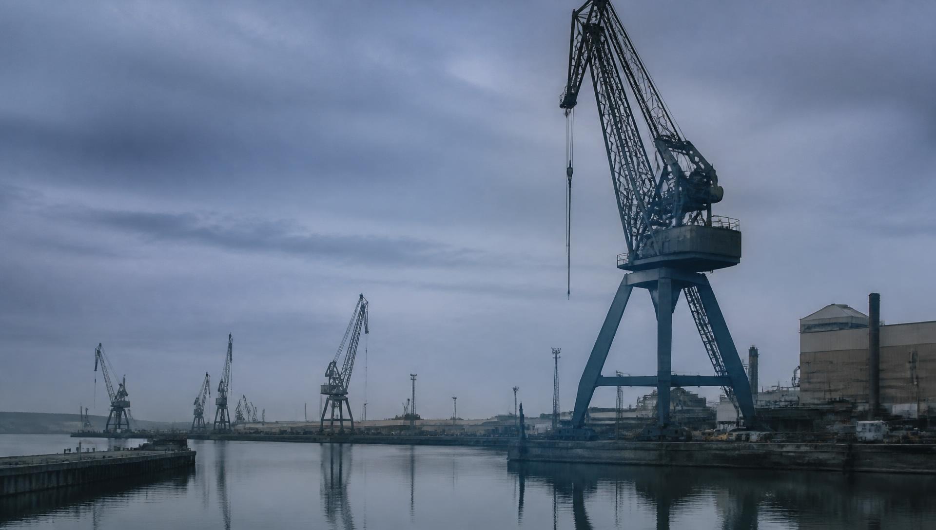 Industrikranar vid Göteborgs hamn i gryningsljus